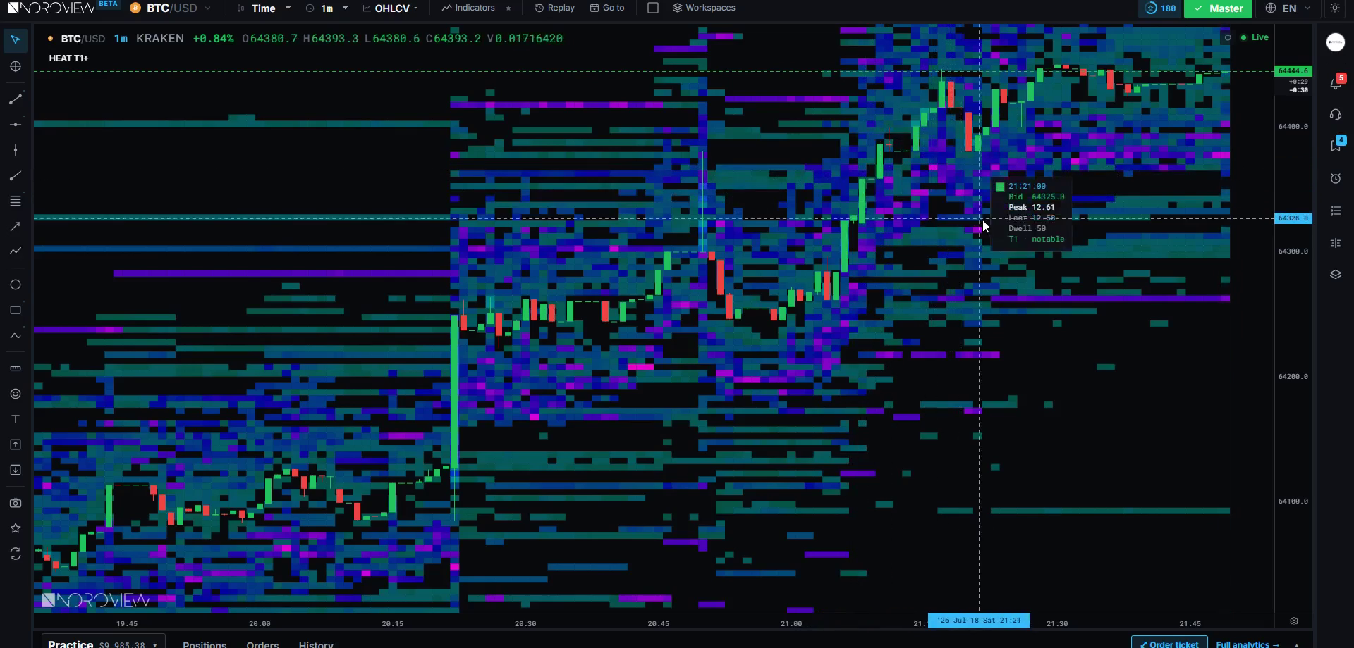 The order book liquidity heatmap painted behind price on a live NOROVIEW chart