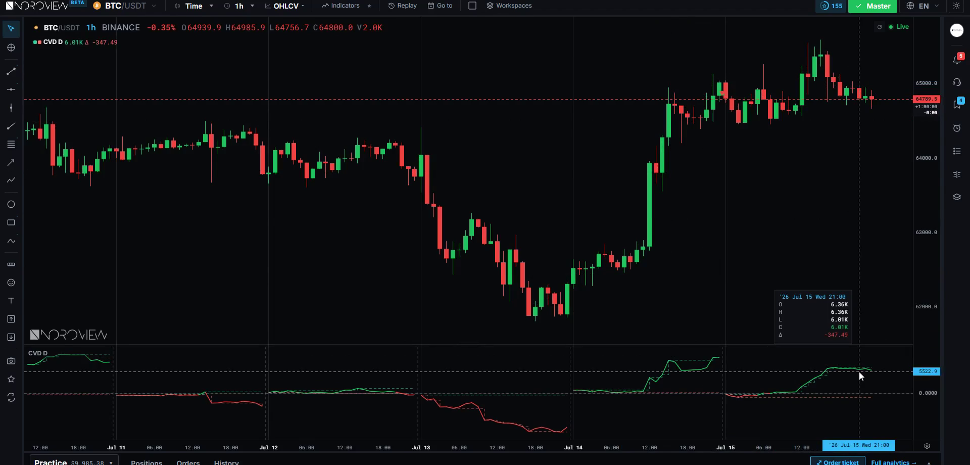 Price and the CVD pane side by side on a live NOROVIEW chart during a divergence