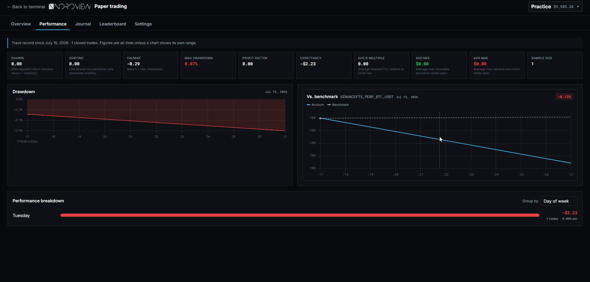 The performance tab showing Sharpe, Sortino, Calmar, average R-multiple, average MFE and average MAE with a drawdown chart and benchmark