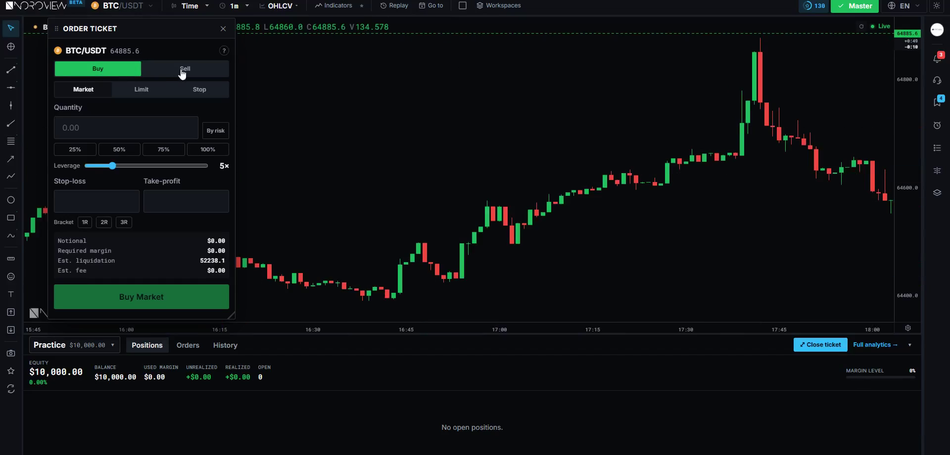 The full NOROVIEW order ticket showing side, order type, quantity, leverage slider, stop loss, take profit and bracket chips