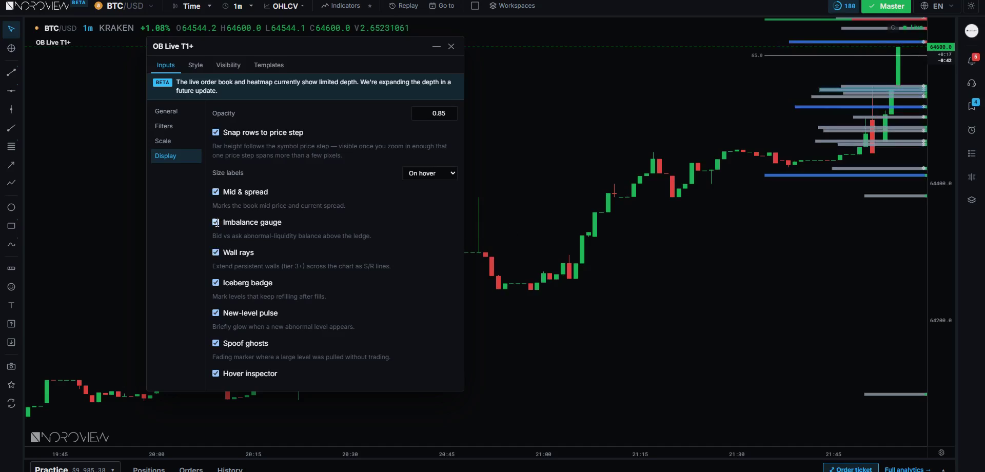 A Level 2 depth ledge beside the price axis showing resting liquidity, the mid price and a bid versus ask imbalance gauge