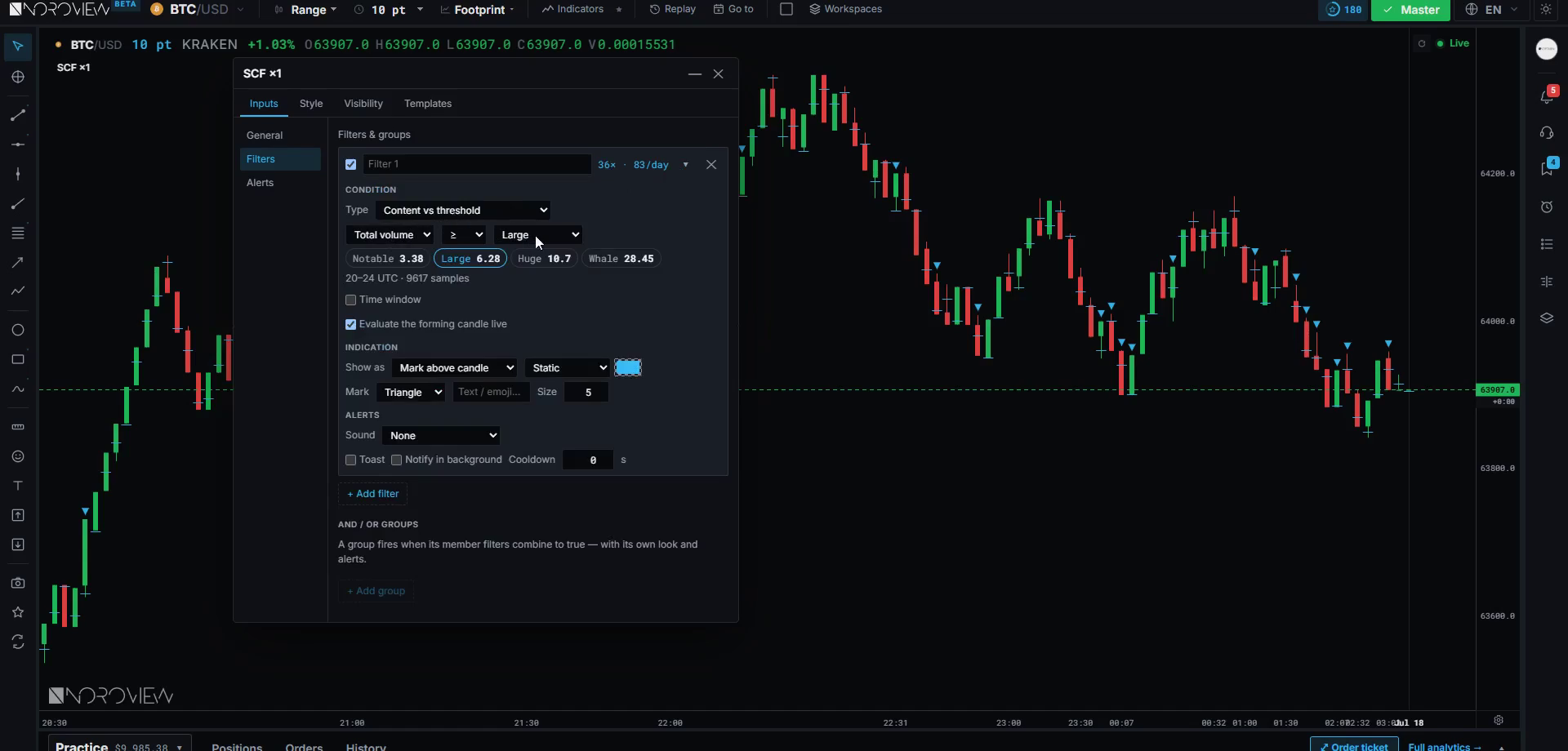 The smart candle filter rules editor building a condition from an order flow content and a threshold