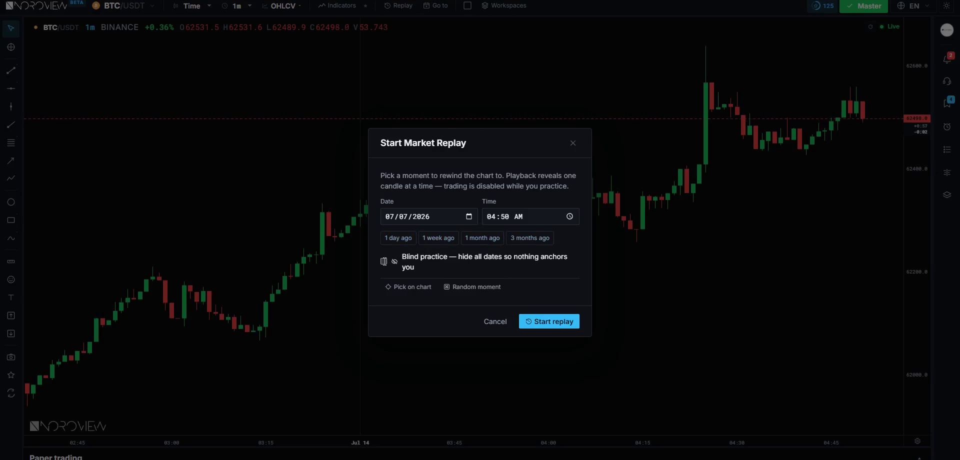 The Start Market Replay dialog in NOROVIEW with date, time, preset chips, blind practice and random moment options