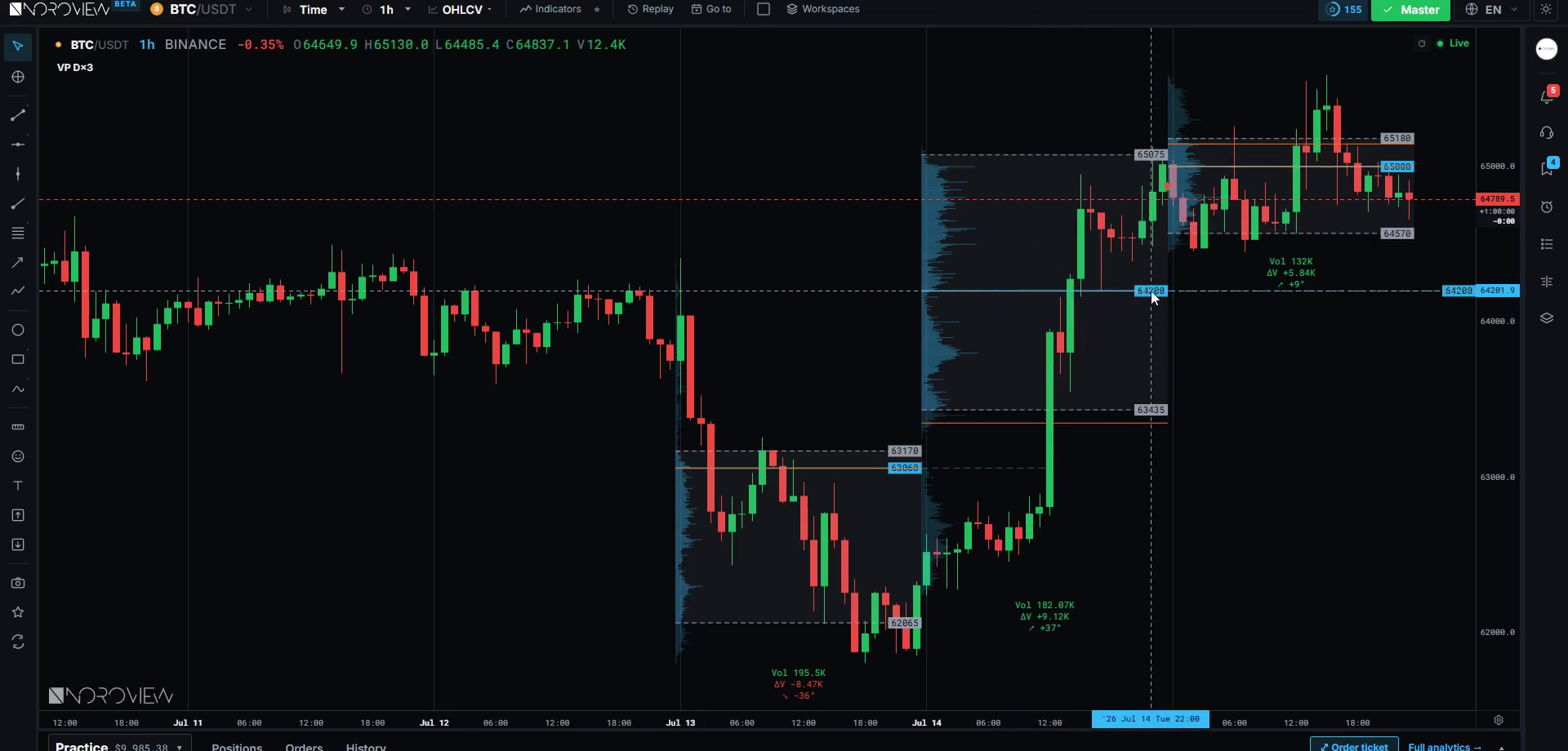 A volume profile drawn beside a live NOROVIEW chart with the point of control and value area visible